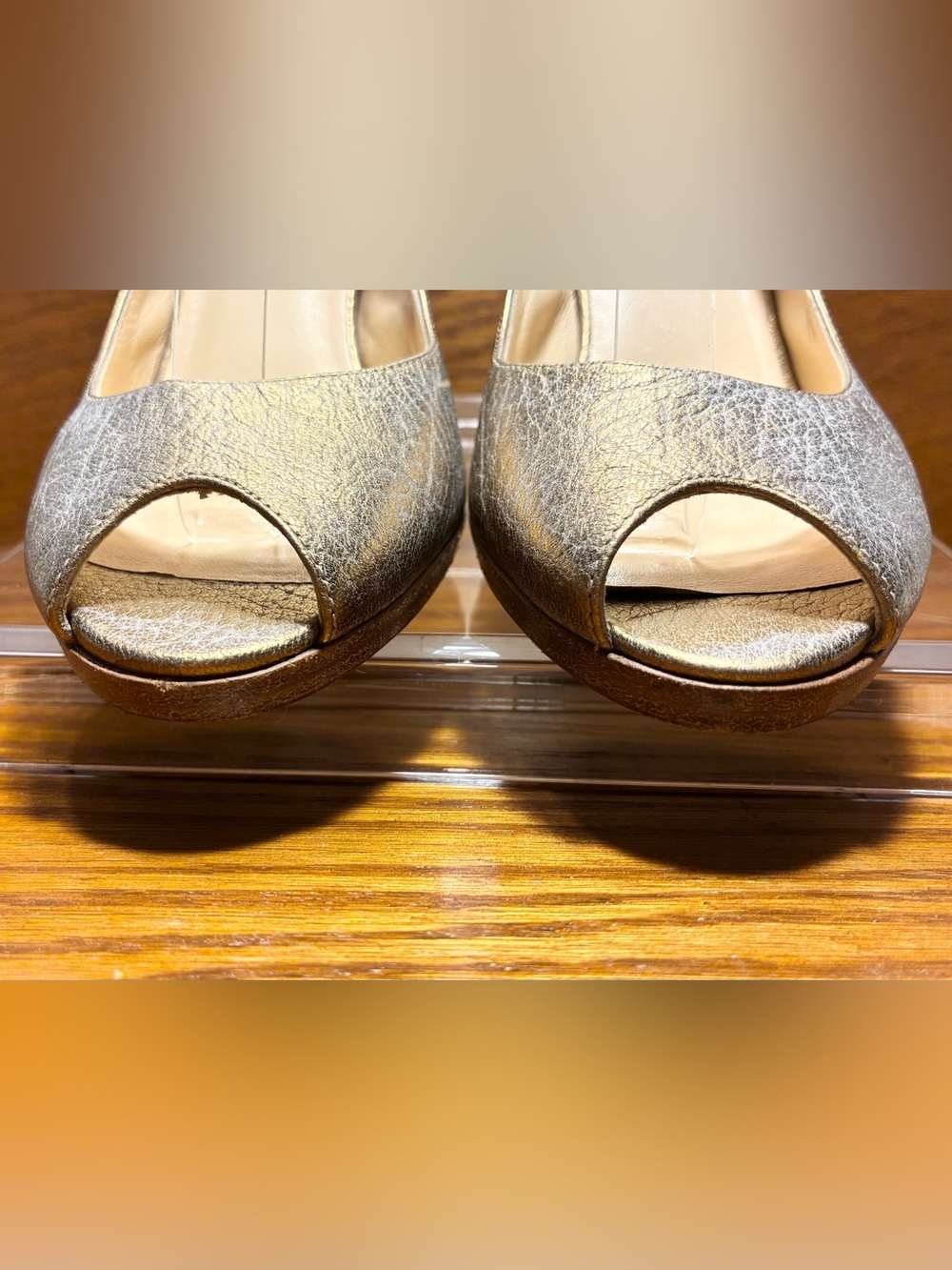 Y2K VTG Cole Haan Nike Air Gold Silver Crackled Leather Peep Toe Slingback Heels - Picture 7 of 14